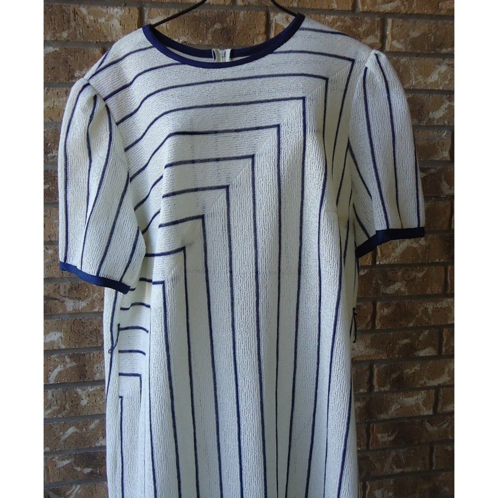 LN Vtg Graphic Mid Century SHEER Cream Navy 70s Dress Sz 20 Funky Lines MC